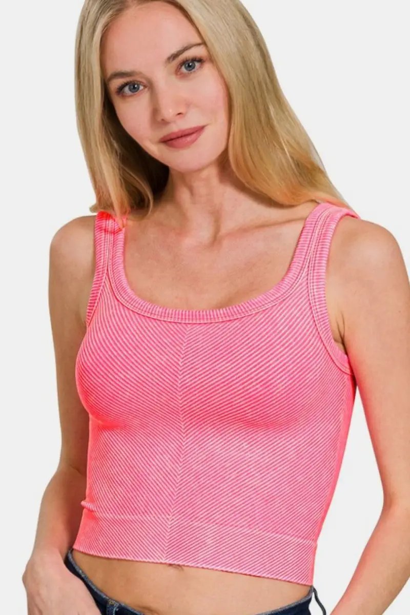 Zenana Washed Ribbed Scoop Neck Wide Strap Tank Top - Love Salve